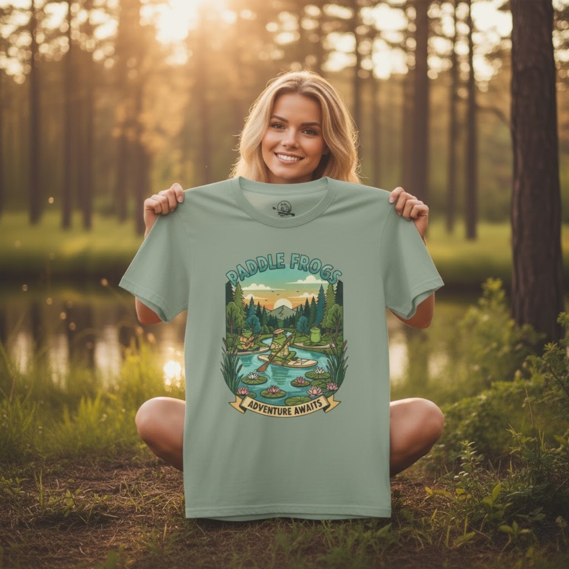 Sage color held by our model at sunrise - Adventure Awaits | Paddle Frogs: T-shirt