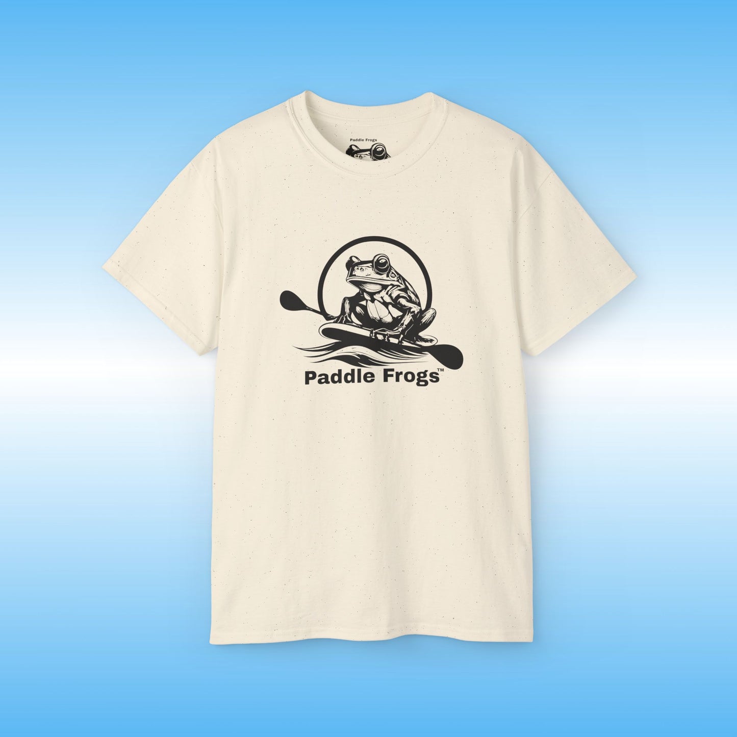 Sand Tan t-shirt with 'Paddle Frogs' logo on a blue background