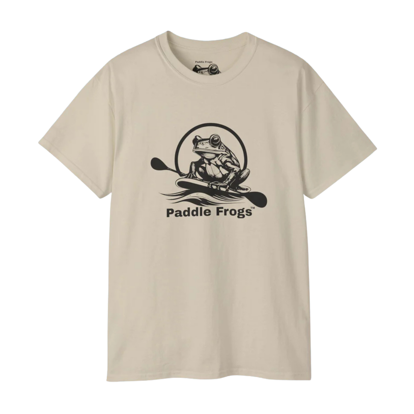 Sand Beige t-shirt with a frog holding a paddle graphic and 'Paddle Frogs' text on a white background