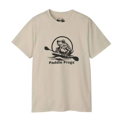 Sand Beige t-shirt with a frog holding a paddle graphic and 'Paddle Frogs' text on a white background