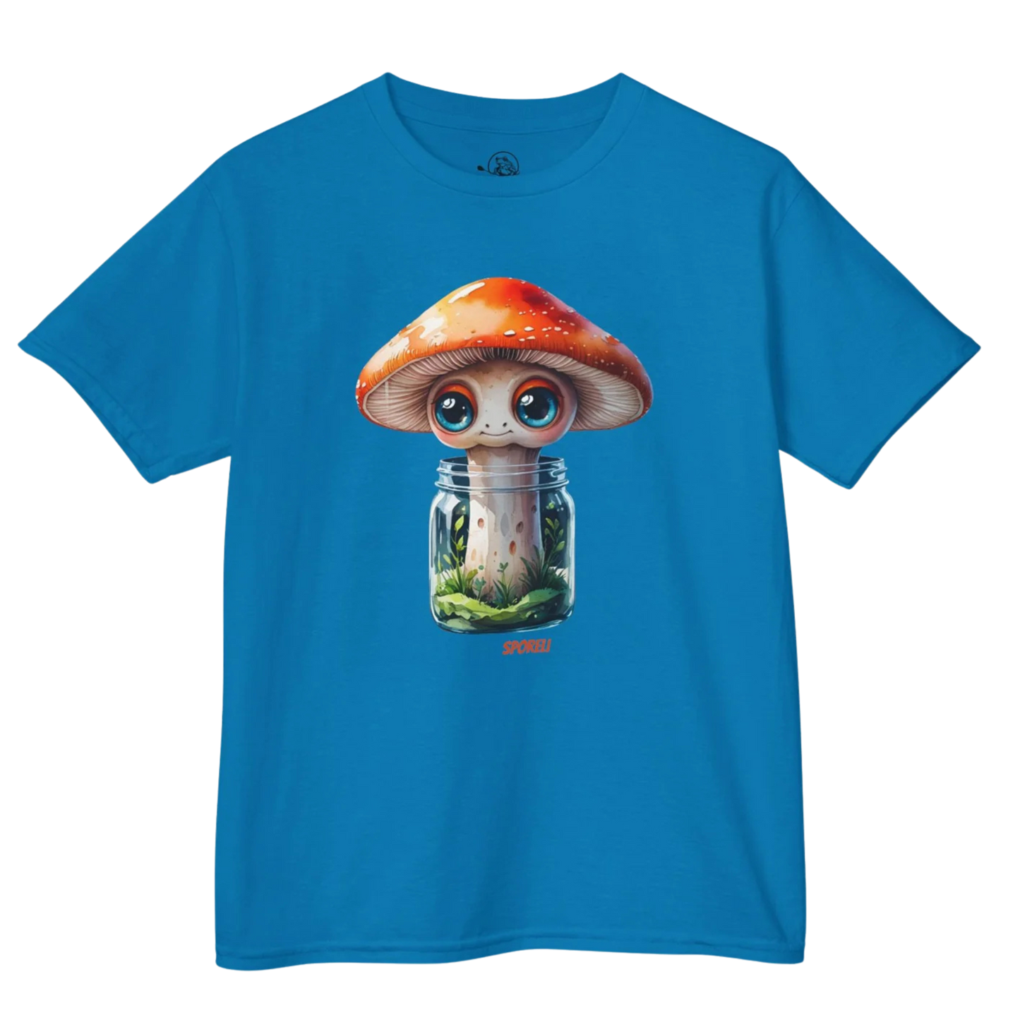 Sapphire | Sporeli - Youth Tee  - Paddle Frogs Outdoor Gear Kids | Blue t-shirt with a mushroom design on a white background
