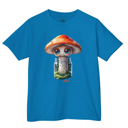 Sapphire | Sporeli - Youth Tee  - Paddle Frogs Outdoor Gear Kids | Blue t-shirt with a mushroom design on a white background