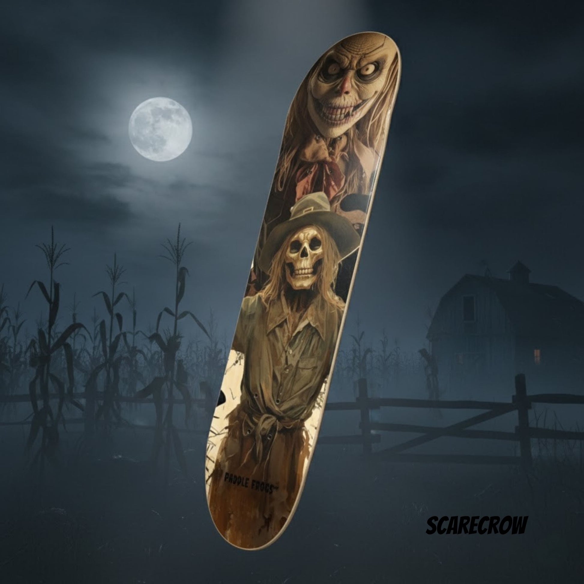 Skateboard deck with scarecrow design against a dark, moonlit cornfield background