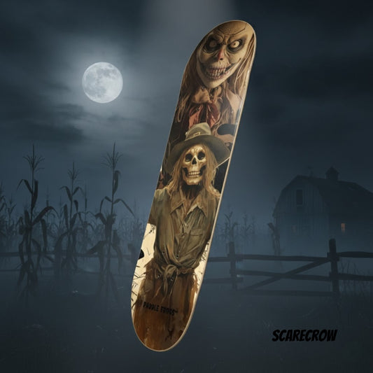 Skateboard deck with scarecrow design against a dark, moonlit cornfield background