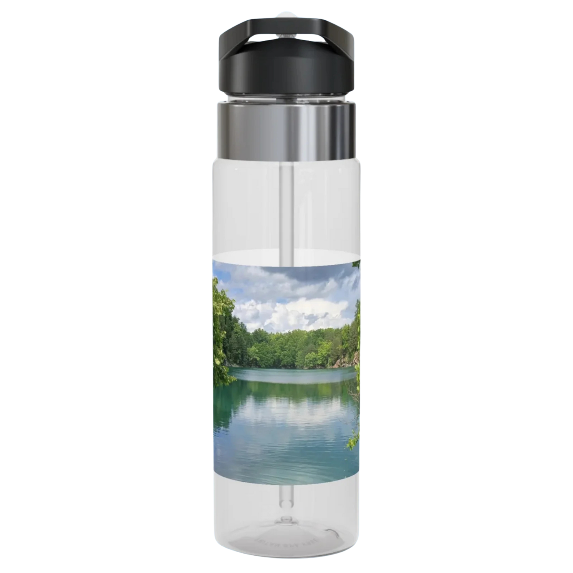 Secret City Quarry Clear water bottle with a scenic design of a lake and trees on a white background