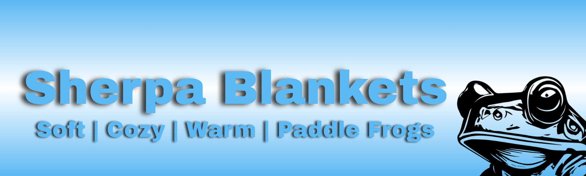 Sherpa Blankets | Paddle Frogs | Soft Cozy Warm | Logo for Sherpa Blankets with a stylized frog design on a blue background