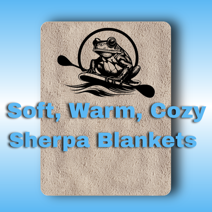 Sherpa Blankets | Soft, Warm, Cozy | Paddle Frogs | Beige sherpa blanket with a frog design and text on a blue gradient background