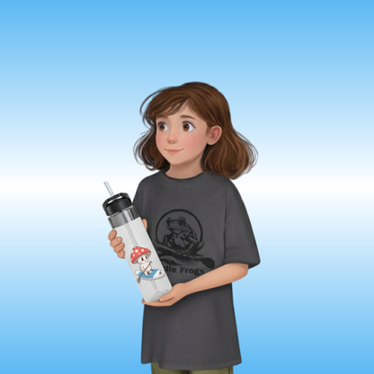 Shiro Crystal Clear Water Bottle by Paddle Frogs Outdoor Gear | Illustration of Willow holding a water bottle with a blue gradient background