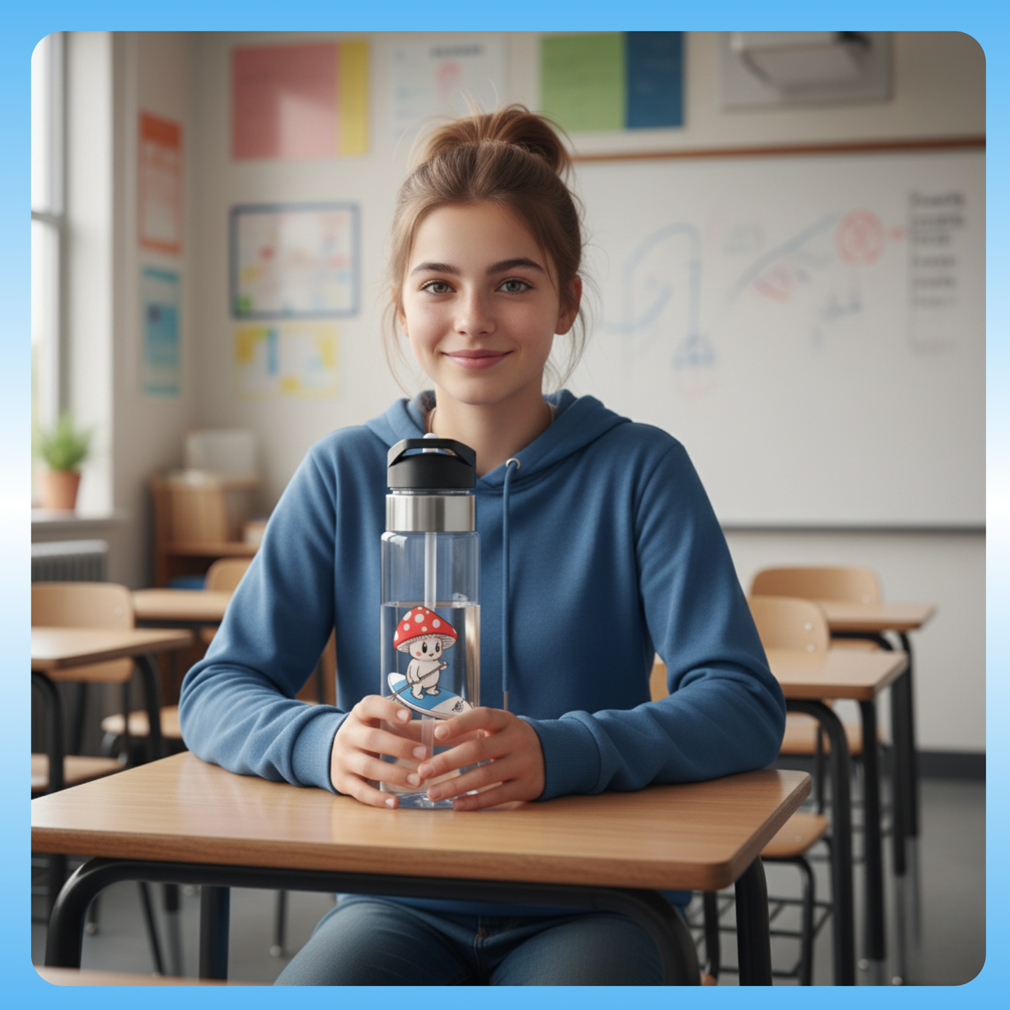 Shiro Crystal Clear Water Bottle by Paddle Frogs Outdoor Gear | middle school girl in a classroom at her desk