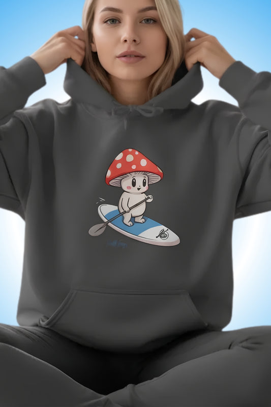 Shiro Rides the Divine Escape paddleboard Hooded Sweatshirt by Paddle Frogs Outdoor Gear. Color Charcoal Grey, The living mushroom SUP rider and defender of the Magic Mushroom Forest.