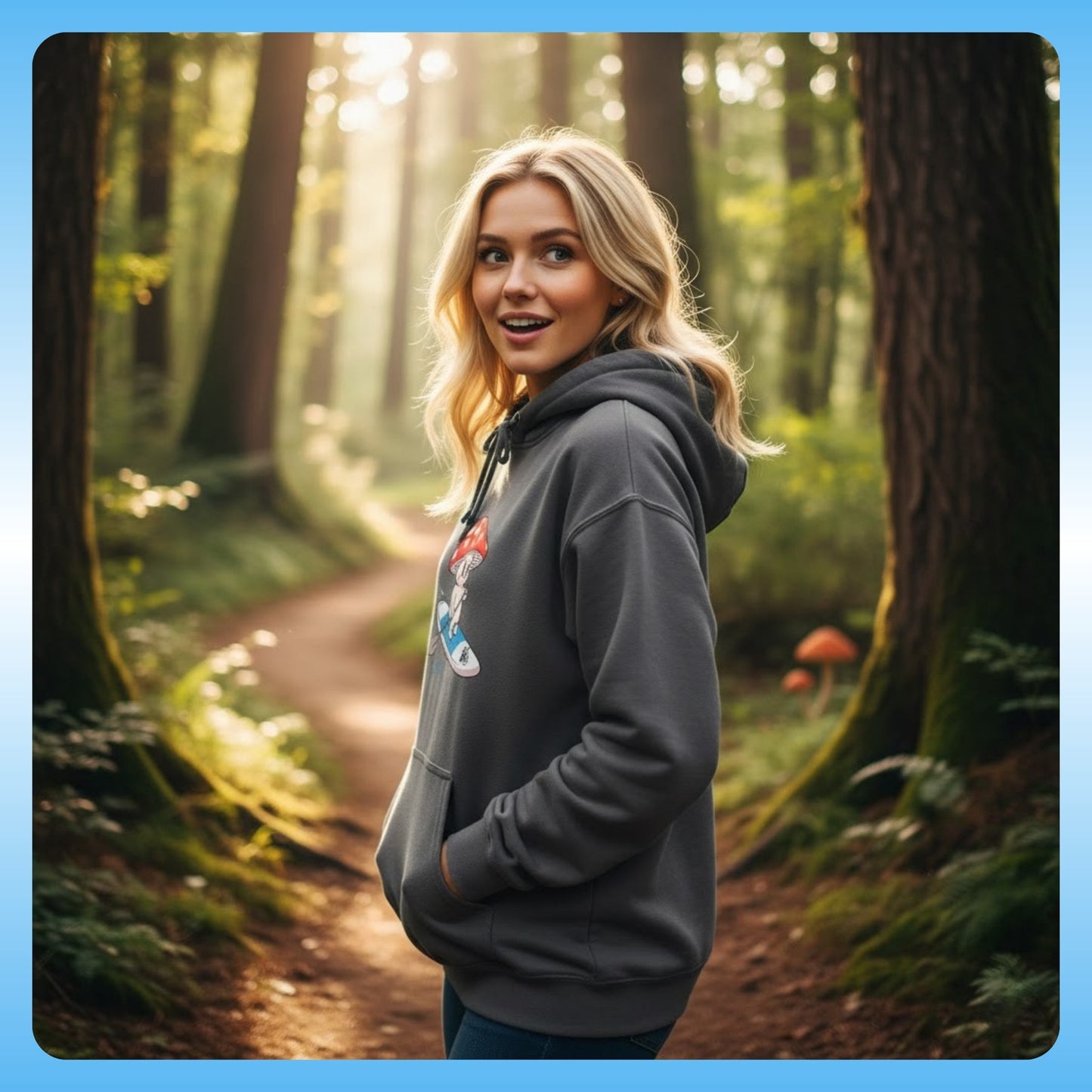 Shiro Rides the Divine Escape: Hooded Sweatshirt - 22 year old blonde entering Paddle Frogs Magic Mushroom Forest with imagination and Adventure