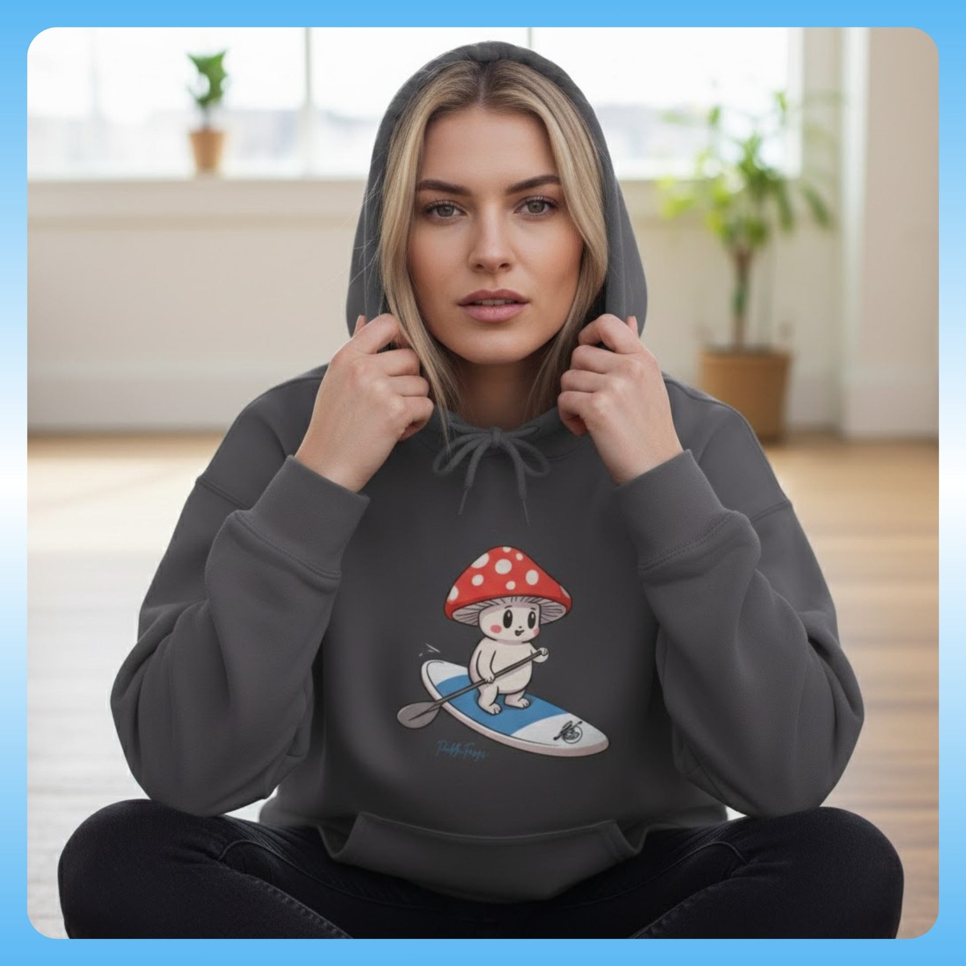 Shiro Rides the Divine Escape: Hooded Sweatshirt - 22 year old blonde sitting crisscross applesauce in her Livingroom