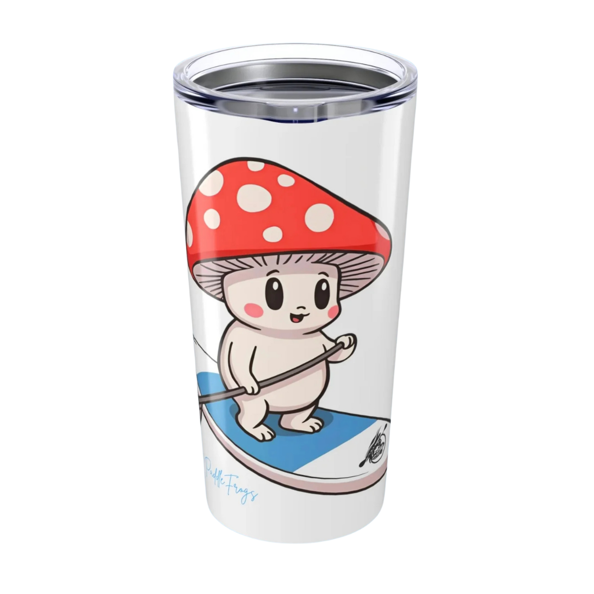 Shiro Rides the Divine Escape paddle board | 20oz Tumbler | Paddle Frogs Outdoor Gear - White tumbler with cartoon character wearing a red mushroom hat on a white background