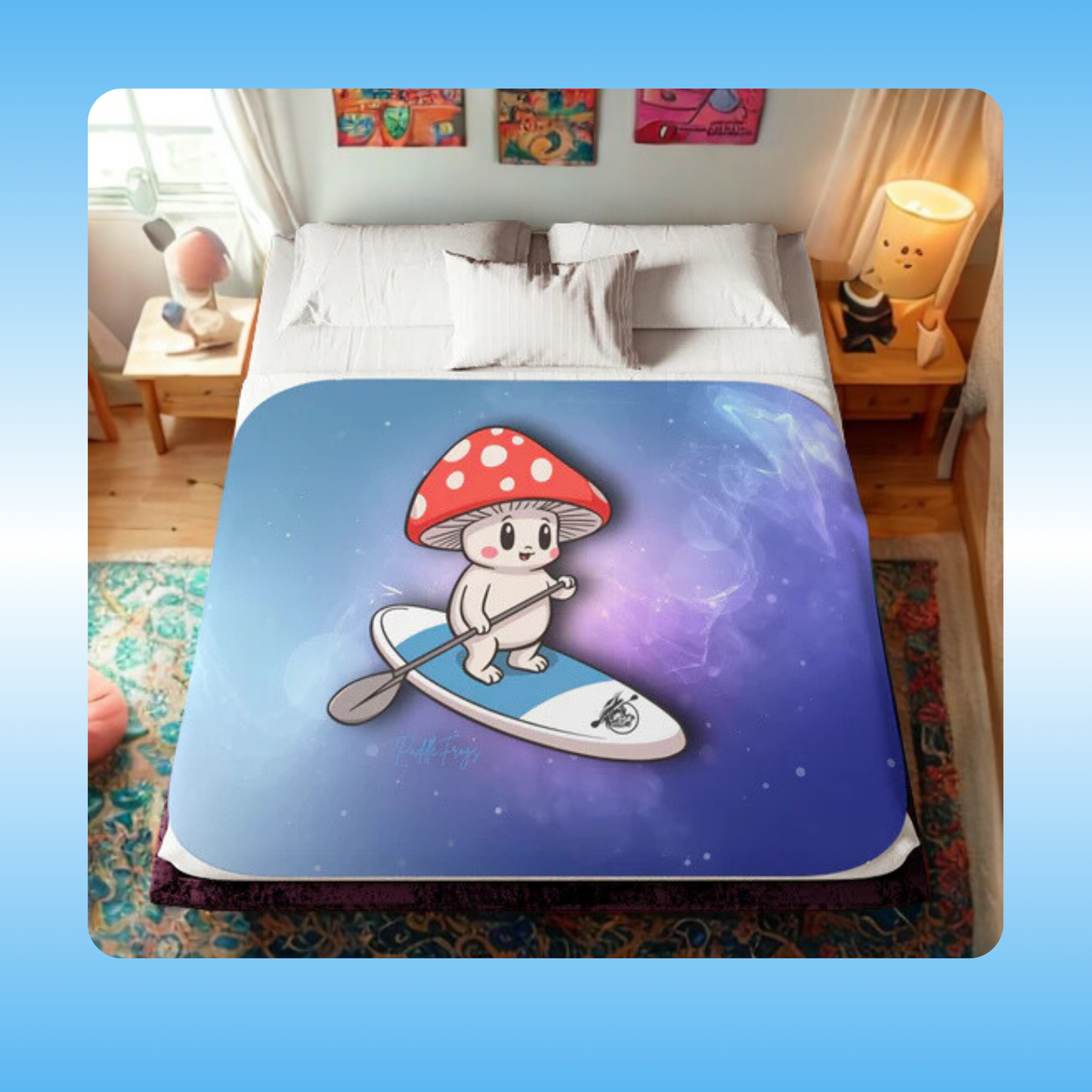 Shiro | Sherpa Blankets | Soft, Warm, Cozy | Paddle Frogs  | paddle board  mushroom friend | Bed with a cartoon character on a mushroom and paddleboard design, set in a bedroom.