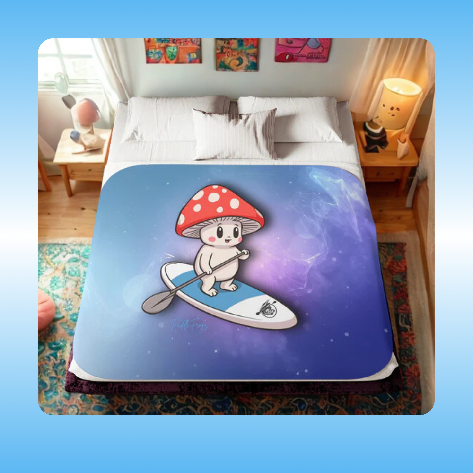 Shiro | Sherpa Blankets | Soft, Warm, Cozy | Paddle Frogs  | paddle board  mushroom friend | Bed with a cartoon character on a mushroom and paddleboard design, set in a bedroom.