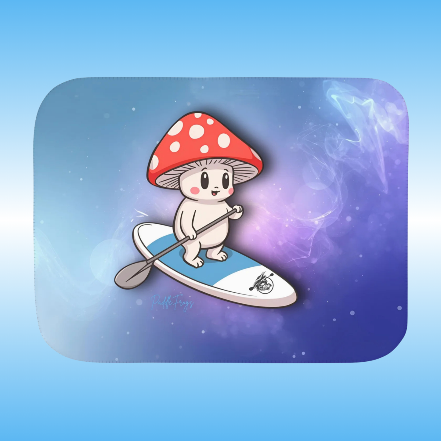 Shiro | Sherpa Blankets | Soft, Warm, Cozy | Paddle Frogs  | paddle board  mushroom friend | 3 sizes Cartoon character with a red mushroom hat on a paddleboard against a colorful background