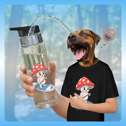 Shiro and the Divine Escape crystal clear water bottle by Paddle Frogs Outdoor Gear Laughing dog Person holding a water bottle with a cartoon design, next to a dog wearing a matching t-shirt in a forest setting.