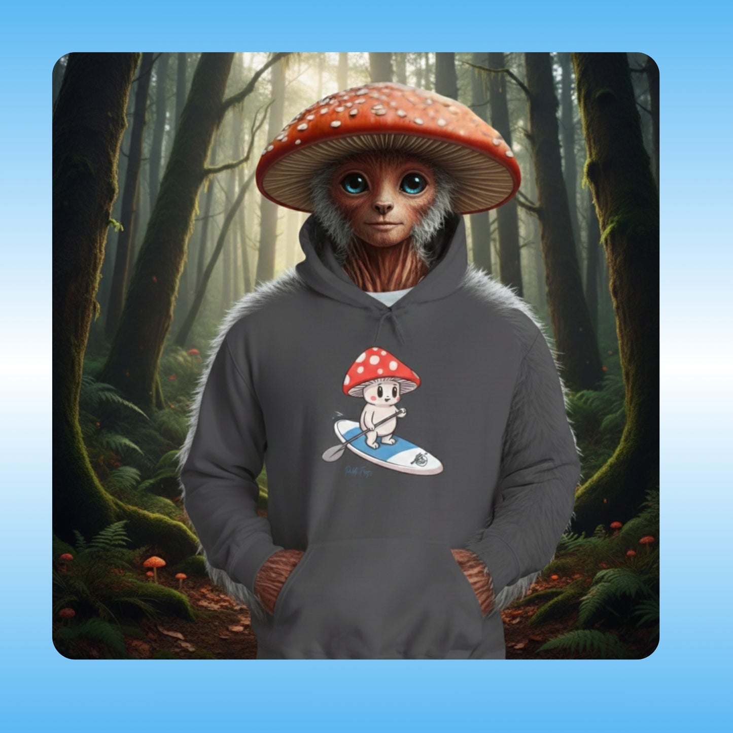 Shiro rides the Divine Escape Paddle Frogs™ Hoodie – Charcoal Gray in the Magic Mushroom Forest Person wearing a hoodie with a cartoon character on a forest background