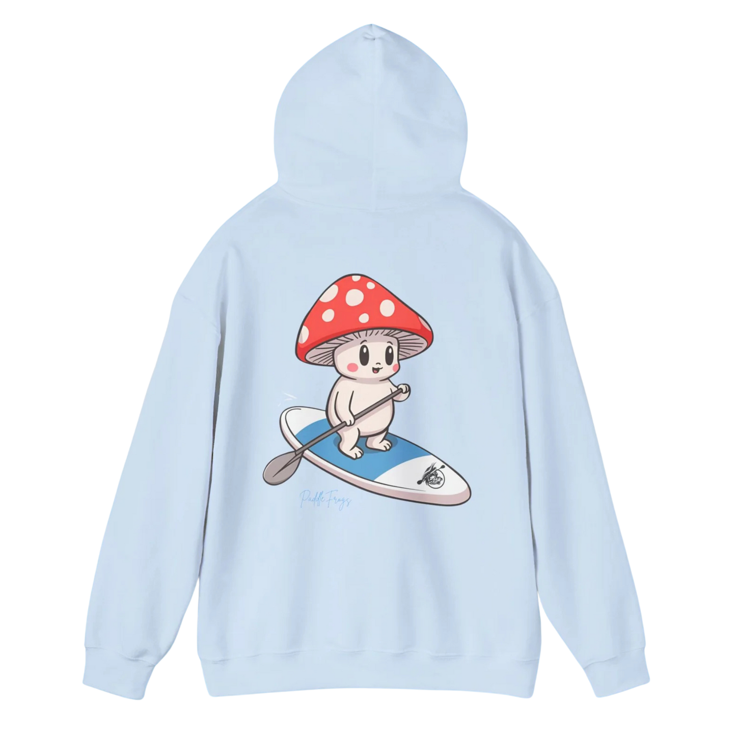 Shiro rides the Divine Escape paddle board | Hooded Sweatshirt - Paddle Frogs mushroom character from the Magic Mushroom Forest in Light Blue