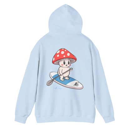 Shiro rides the Divine Escape paddle board | Hooded Sweatshirt - Paddle Frogs mushroom character from the Magic Mushroom Forest in Light Blue