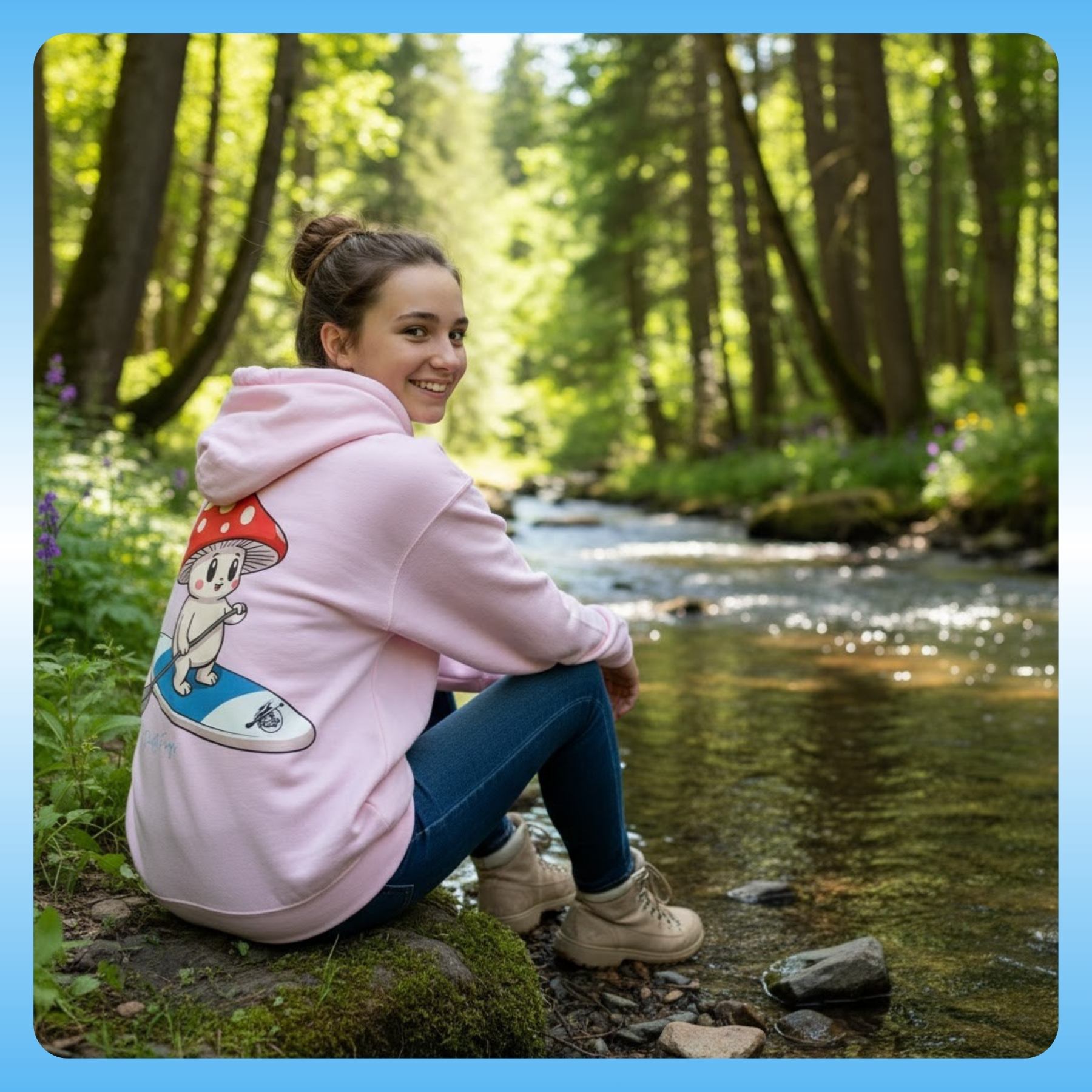 Shiro rides the Divine Escape paddle board | Hooded Sweatshirt - Light pink at the stream worn by a teenage girl