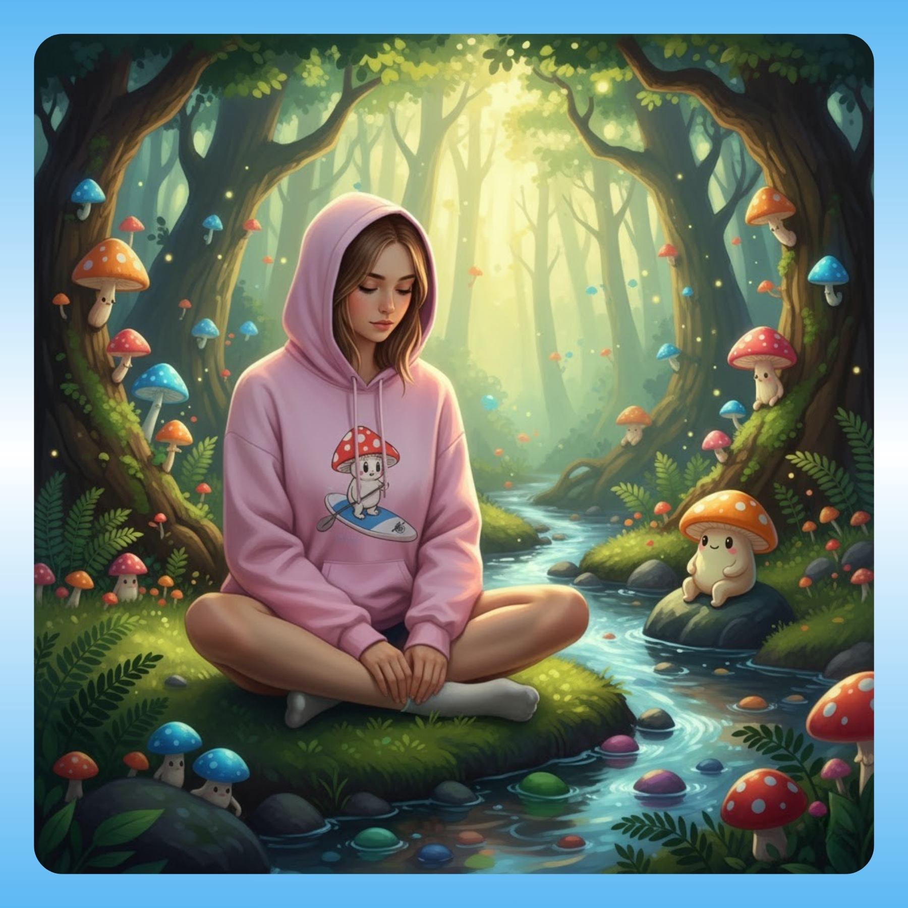 Shiro rides the Divine Escape paddle board | Hooded Sweatshirt - Light pink at the stream worn by a teenage girl inside the Mushroom Forest