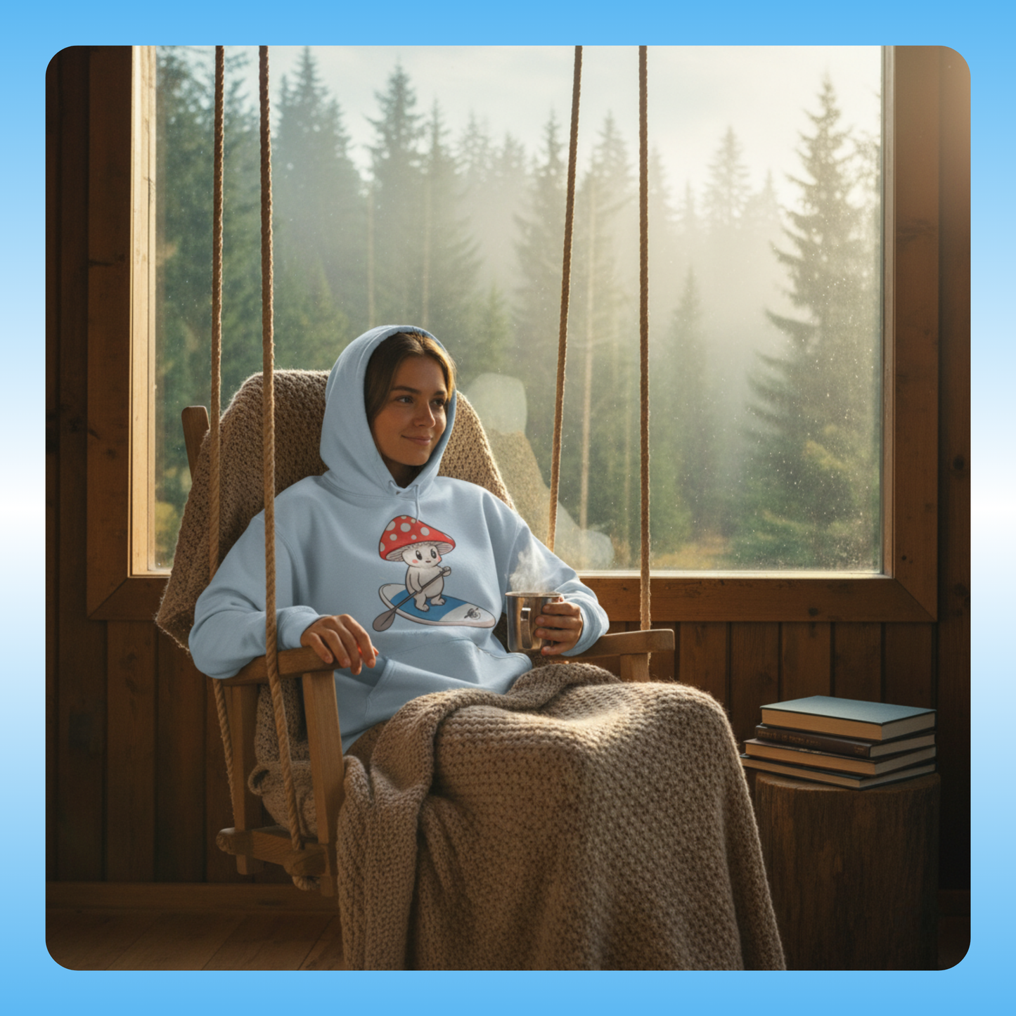 Shiro rides the Divine Escape paddle board light blue Hoodie Paddle Frogs hooded pull over | Person wearing a hoodie with a mushroom design, sitting on a swing in a room with a window view of trees.
