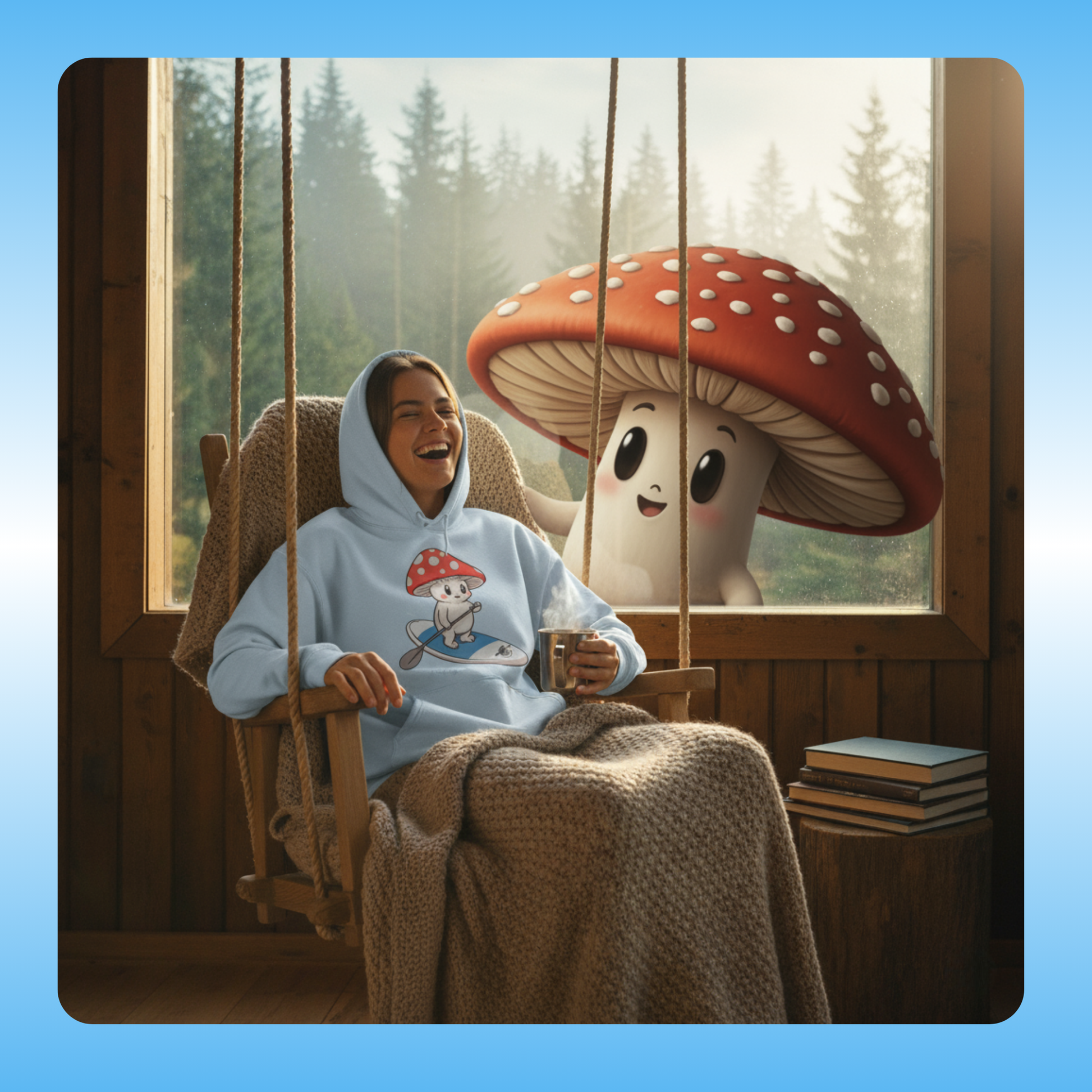 Shiro rides the Divine Escape paddle board light blue Hoodie Paddle Frogs hooded pull over  with mushroom friend in the window | young lady in a cozy room with a large mushroom character, holding a mug.