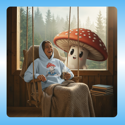 Shiro rides the Divine Escape paddle board light blue Hoodie Paddle Frogs hooded pull over  with mushroom friend in the window | young lady in a cozy room with a large mushroom character, holding a mug.