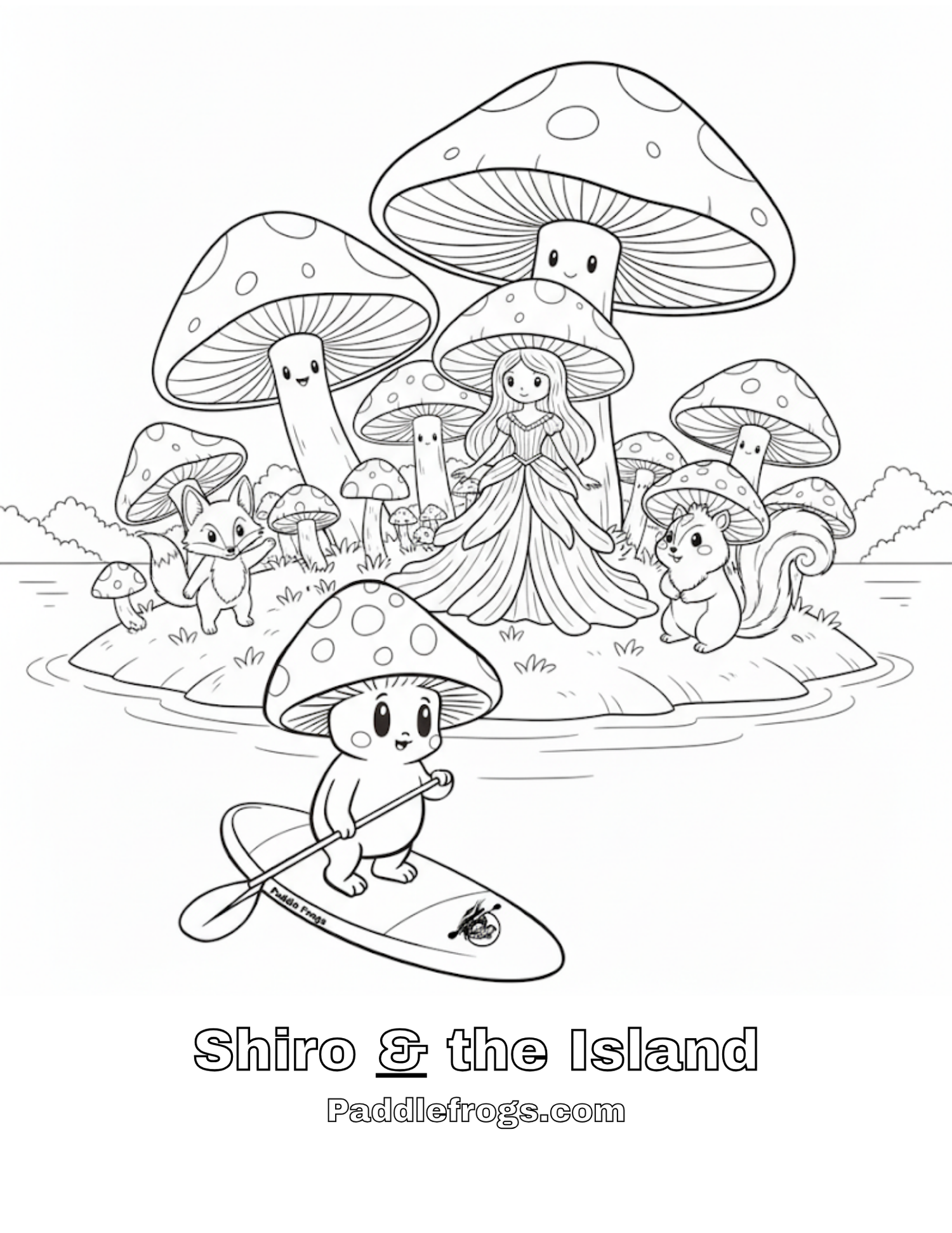 Kids coloring sheet. Shiro at one of Magic Mushroom Forest's islands. Paddle Frogs Kids activity
