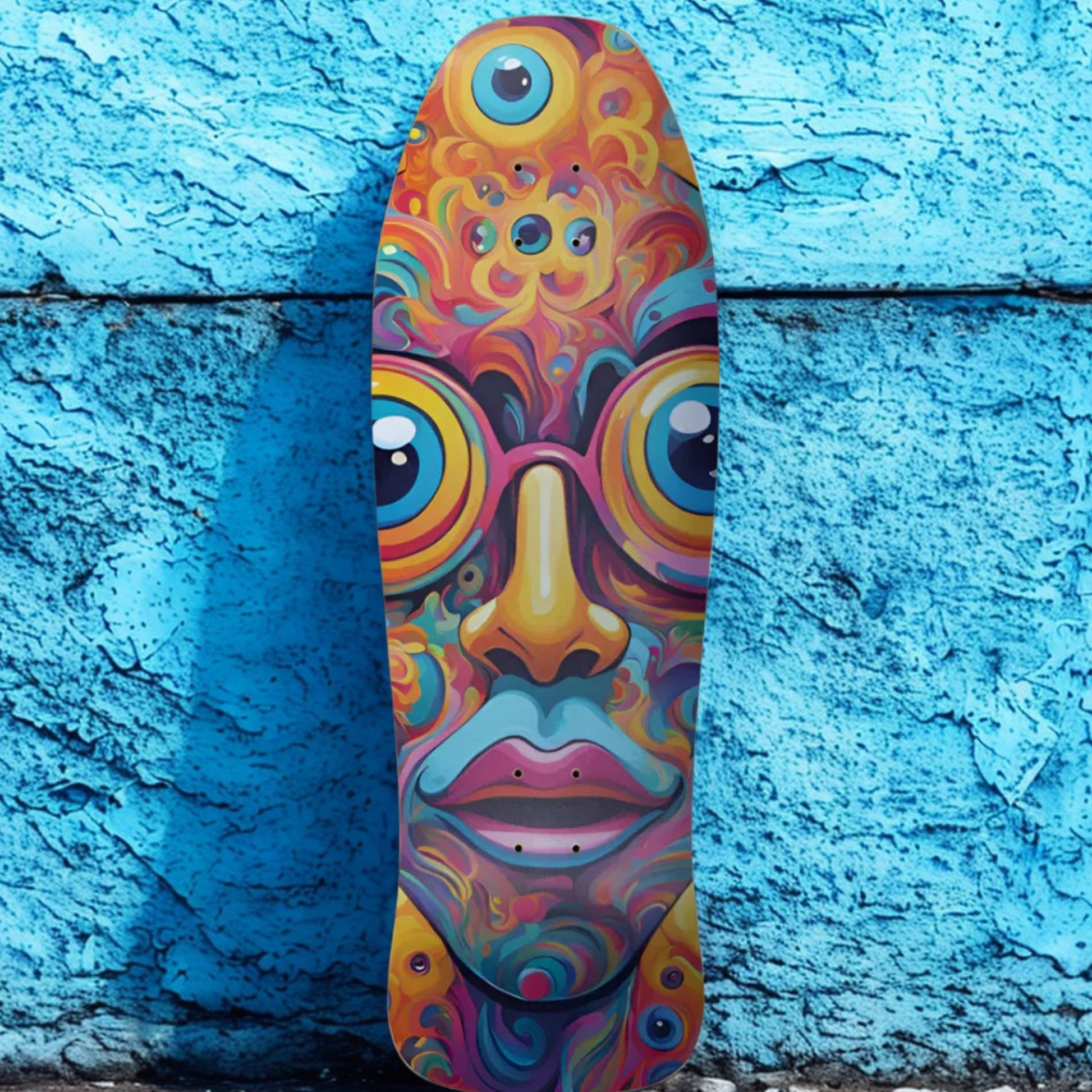 Sight Seeing - Paddle Frogs -  Classic Thrasher skateboard - blue block background | Colorful psychedelic skateboard deck against a blue textured wall