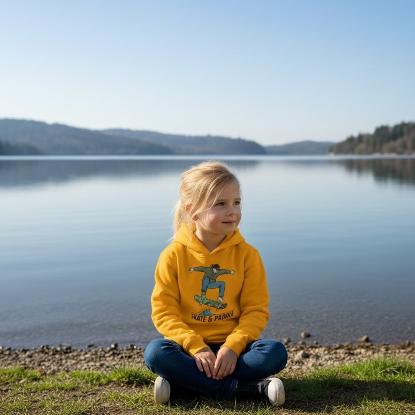 Child sitting crisscross applesauce at the lake in the yellow "Skate & Paddle" Chlorophyll Cruiser Youth Hoodie by Paddle Frogs™ Outdoor Gear