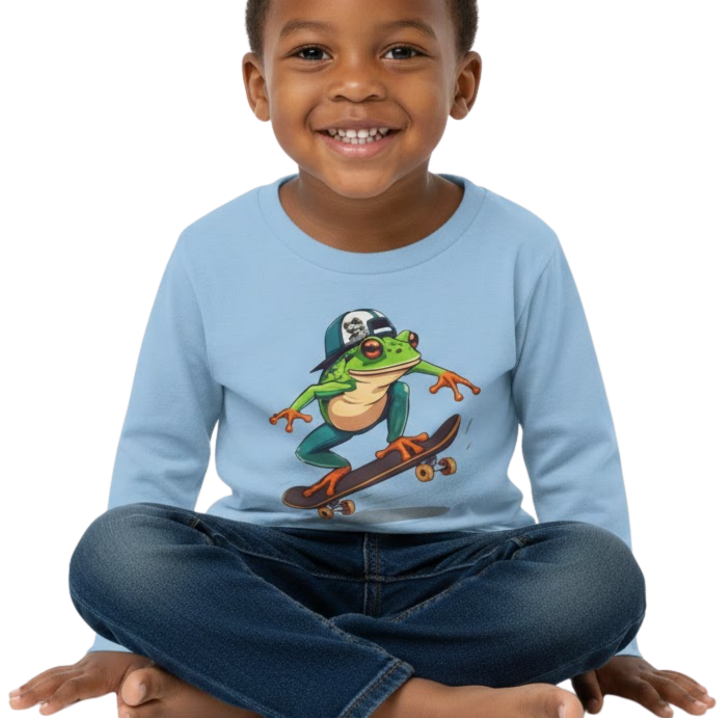 Sitting crisscross applesauce wearing Light Blue 🛹 Leap & Ollie Tee: The Froggie Skate Adventure Paddle Frogs™ on a transparent background