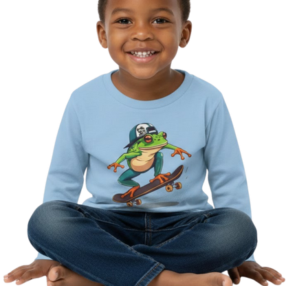 Sitting crisscross applesauce wearing Light Blue 🛹 Leap & Ollie Tee: The Froggie Skate Adventure Paddle Frogs™ on a transparent background