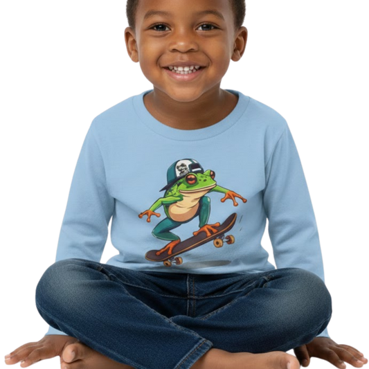 Sitting crisscross applesauce wearing Light Blue 🛹 Leap & Ollie Tee: The Froggie Skate Adventure Paddle Frogs™ on a transparent background