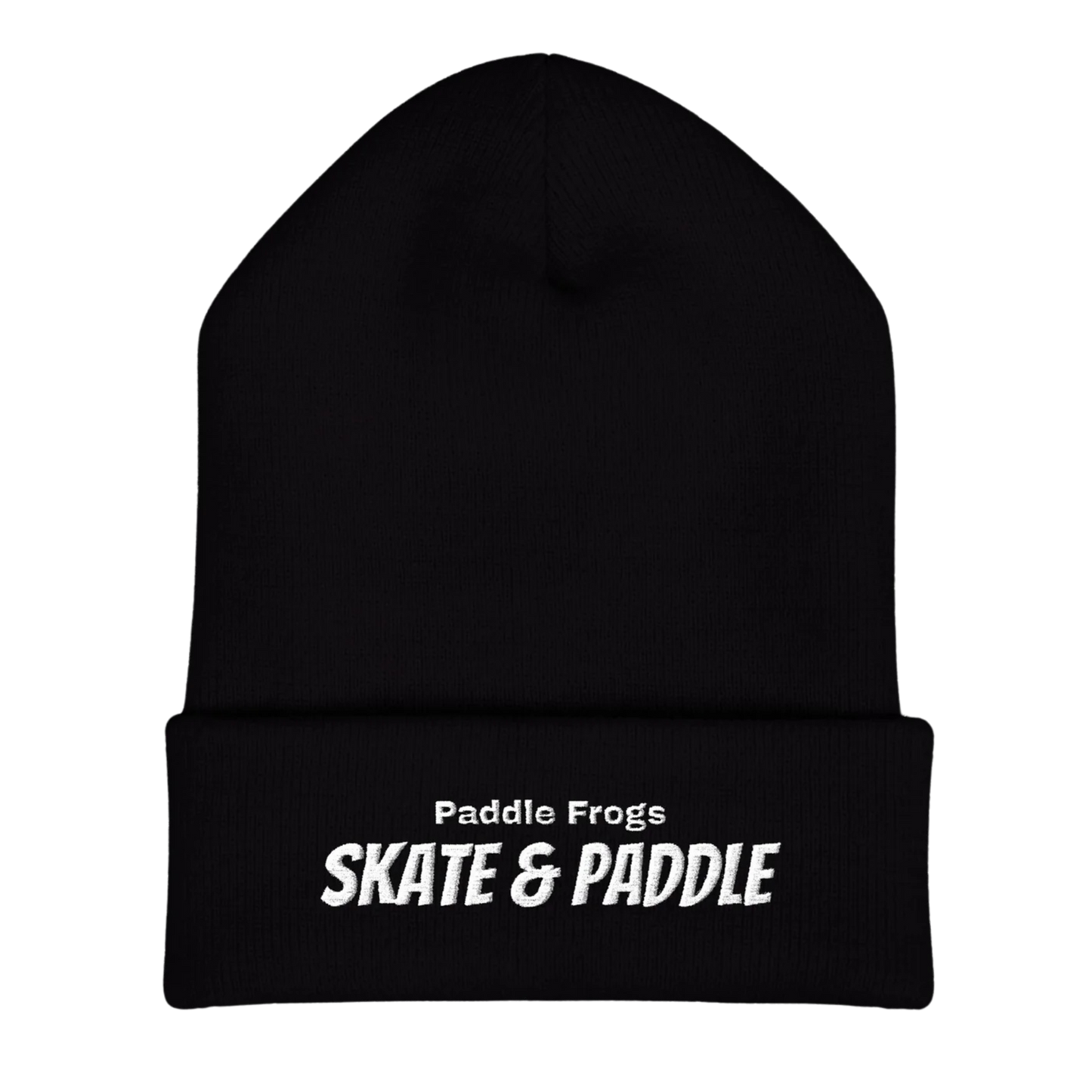 Black beanie with 'Paddle Frogs Skate & Paddle' text on a white background