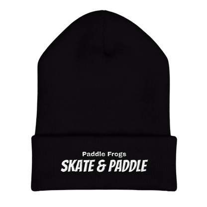 Black beanie with 'Paddle Frogs Skate & Paddle' text on a white background