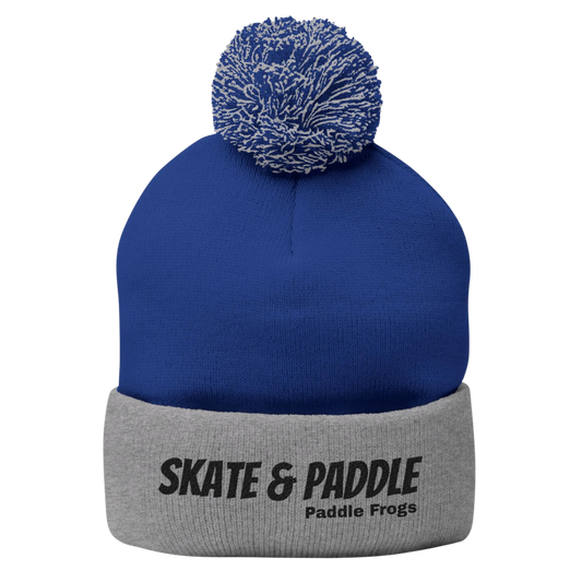 Skate & Paddle Blue & Gray winter beanie hat with pom pom ball on top