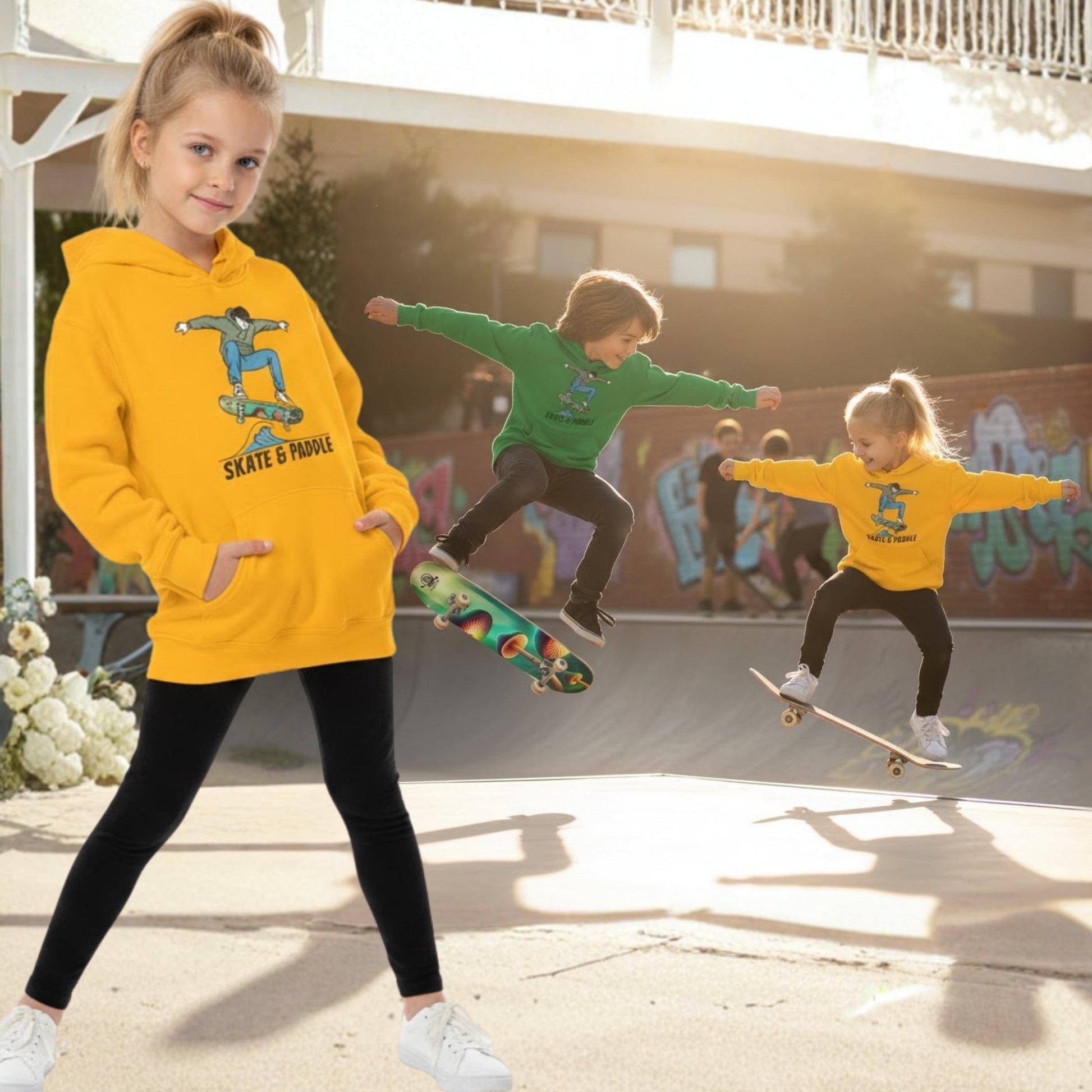 Children wearing yellow and green hoodies with skateboarding graphics at a skate park.