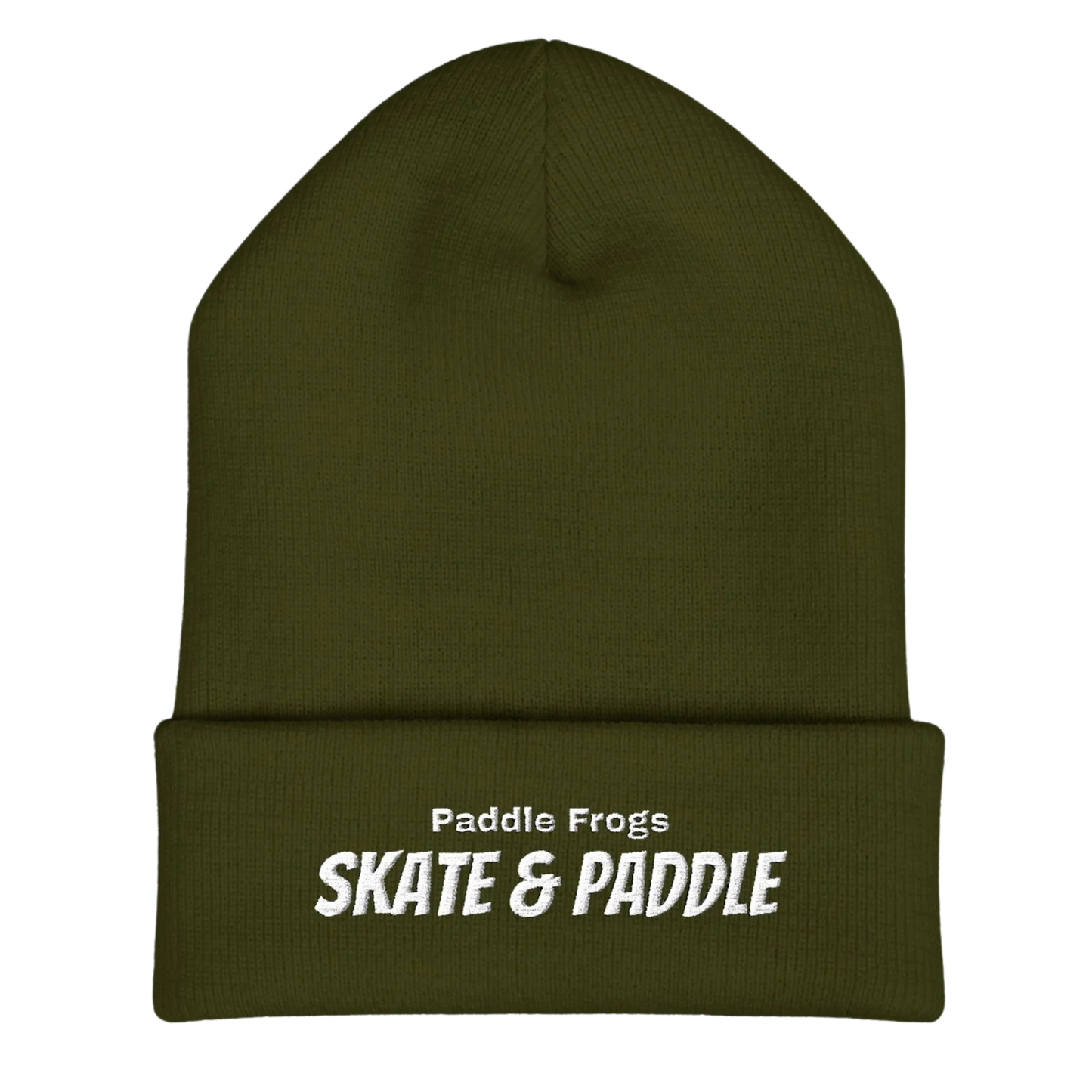 Green beanie with 'Paddle Frogs Skate & Paddle' text on a white background