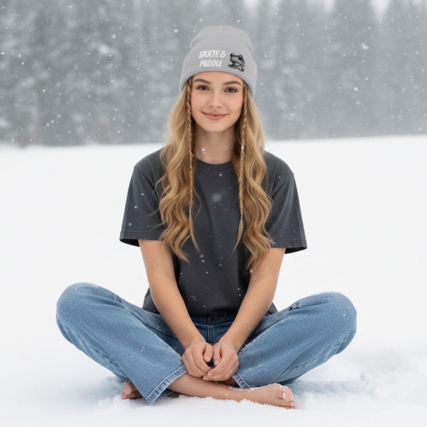 Skate & Paddle Knit Beanie Gray by Paddle Frogs™ in the snow sitting crisscross applesauce