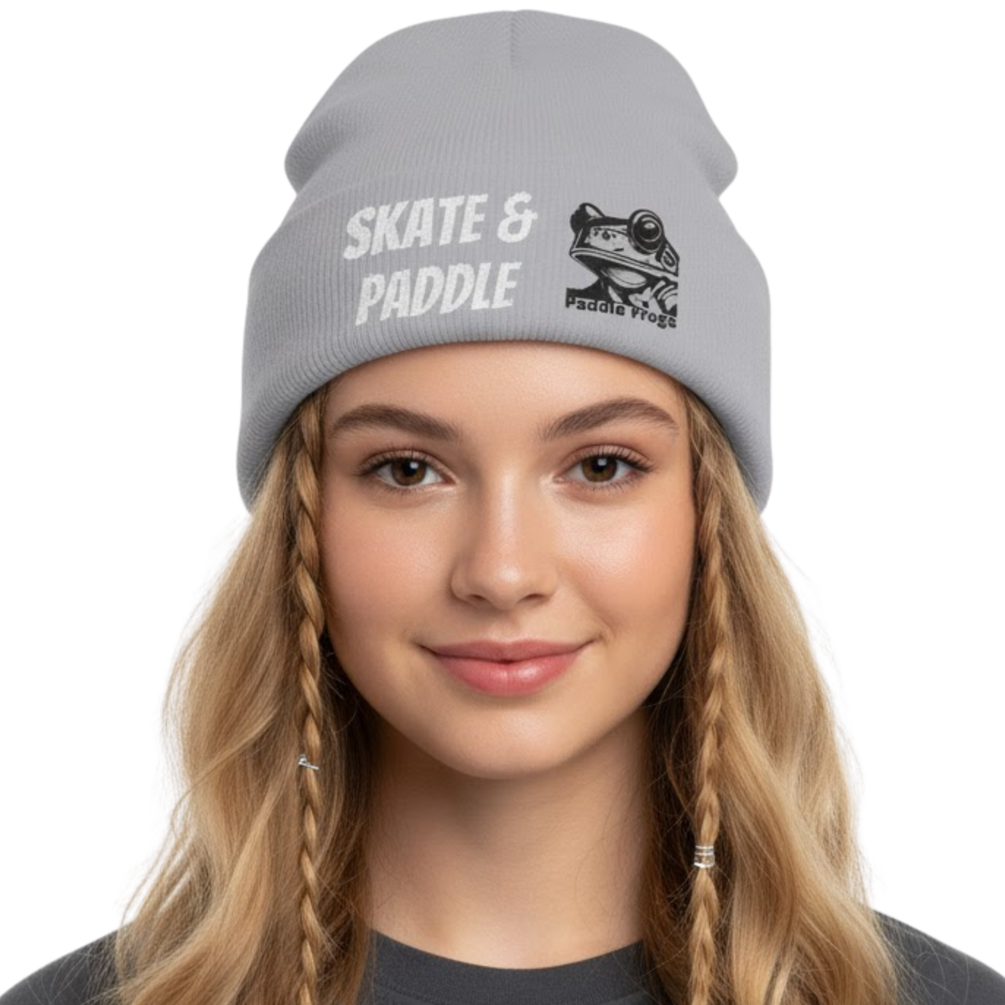 Skate & Paddle Knit Beanie Gray by Paddle Frogs™ on a transparent background