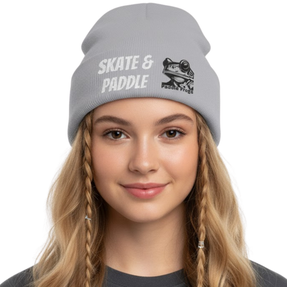 Skate & Paddle Knit Beanie Gray by Paddle Frogs™ on a transparent background