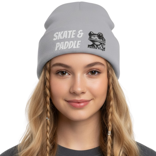 Skate & Paddle Knit Beanie Gray by Paddle Frogs™ on a transparent background