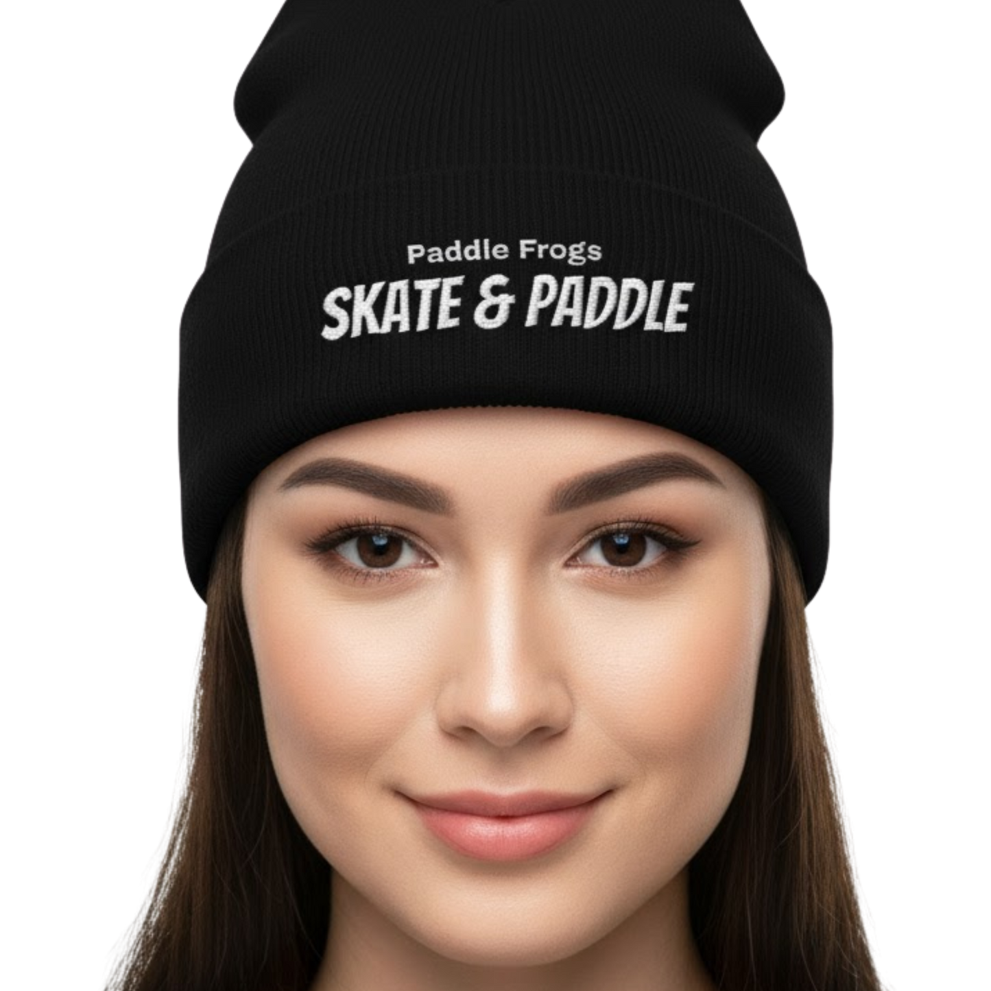 Black beanie with 'Paddle Frogs Skate & Paddle' text worn by a model | Skate & Paddle: The Cuffed Classic by Paddle Frogs™ on a transparent background