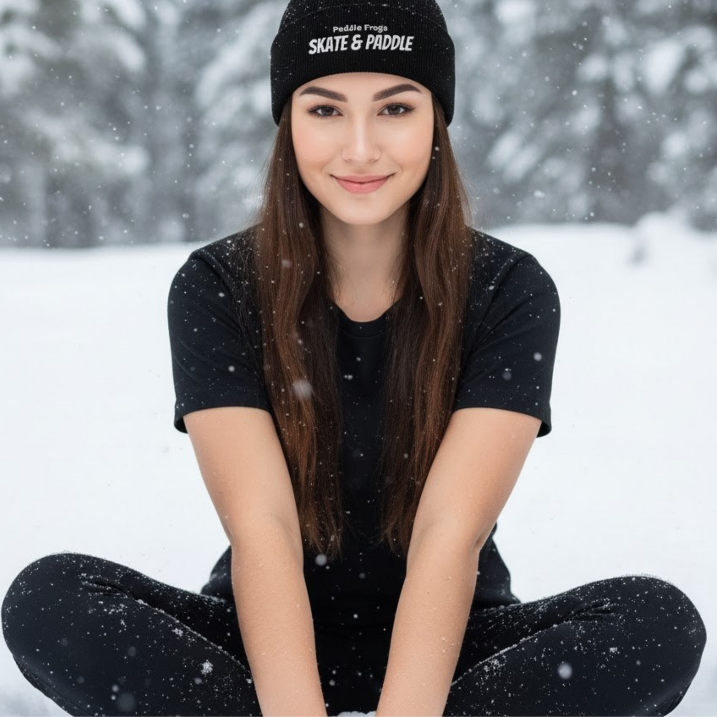 Woman sitting in the snow wearing a black outfit with 'Skate & Paddle' beanie.
