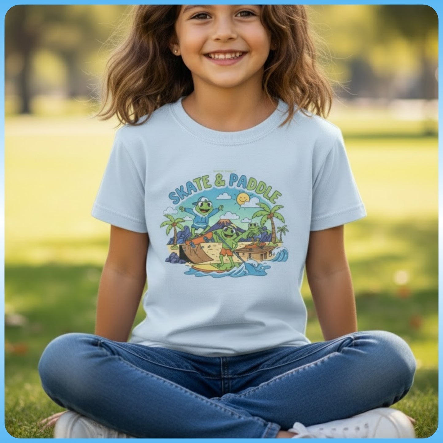 Skate & Paddle Volcano Tee Paddle Frogs Kids sitting crisscross applesauce