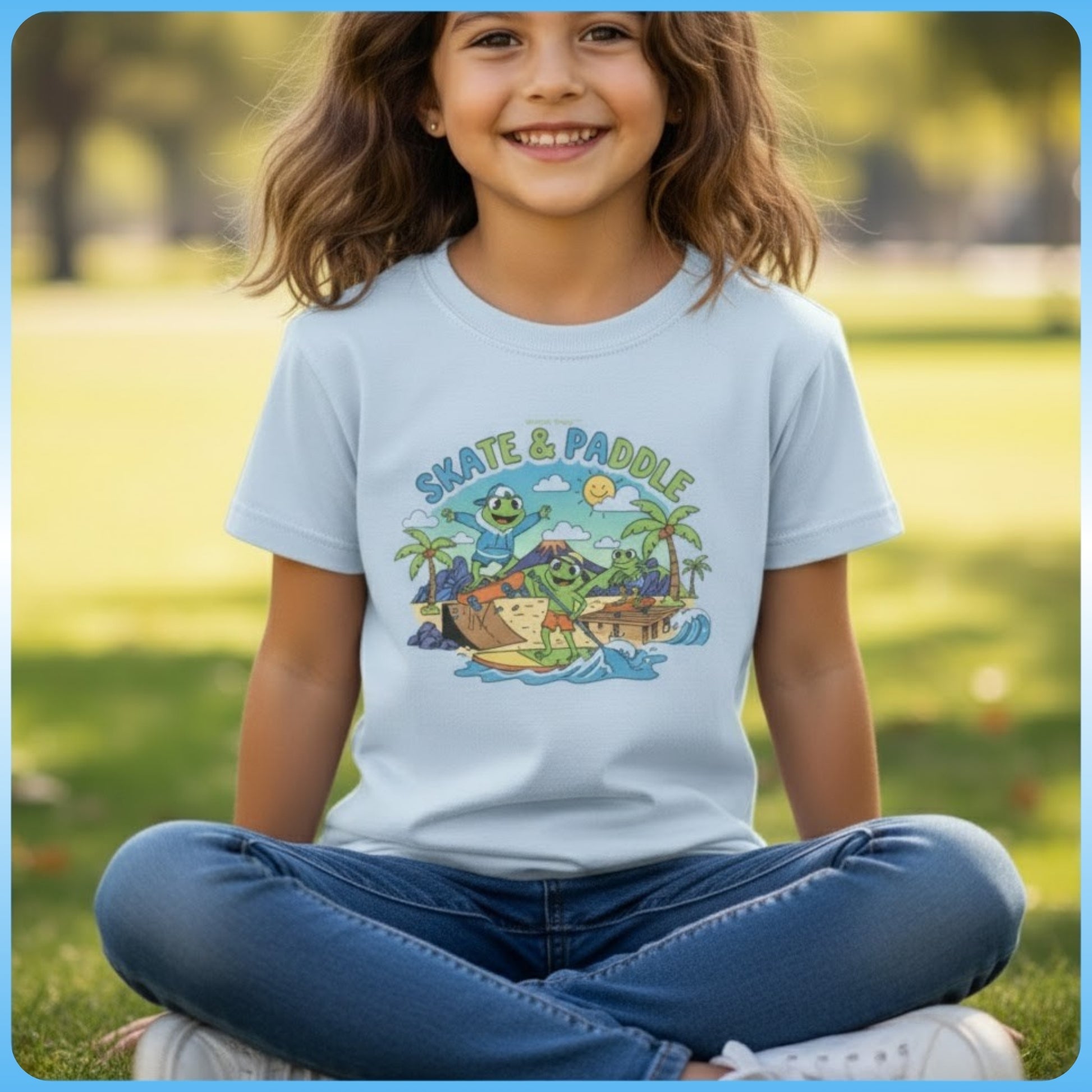 Skate & Paddle Volcano Tee Paddle Frogs Kids sitting crisscross applesauce