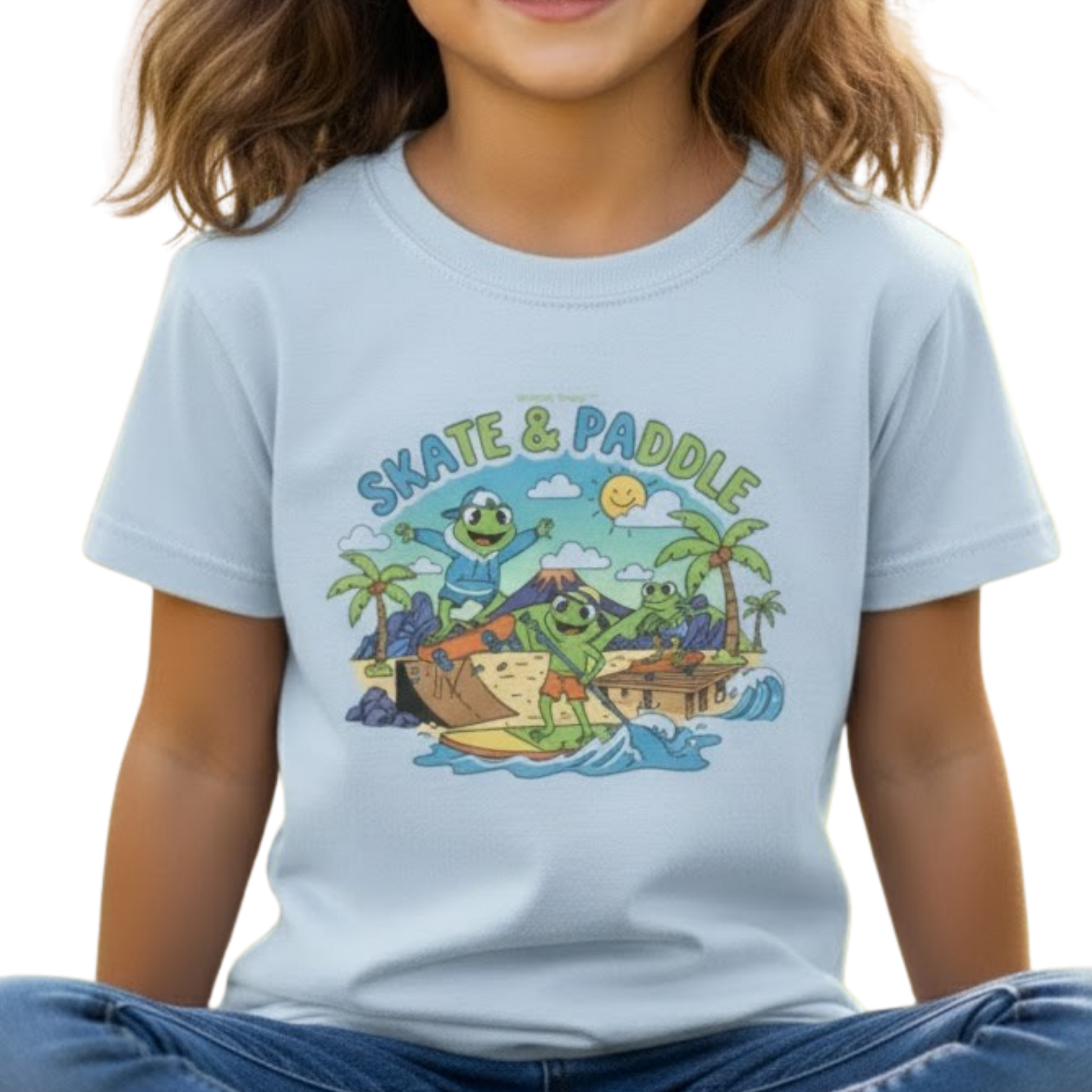 Skate & Paddle Volcano Tee Paddle Frogs Kids sitting crisscross applesauce transparent background