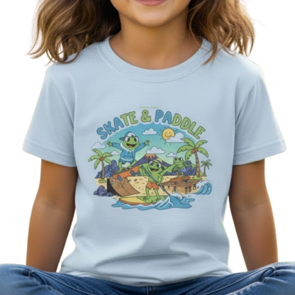 Skate & Paddle Volcano Tee Paddle Frogs Kids sitting crisscross applesauce transparent background